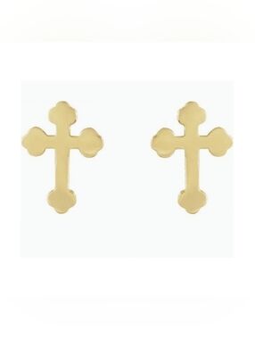 REAL 14K Yellow Gold Apostel's Orthodox Budded Design Cross Crucifix Stud Ear…